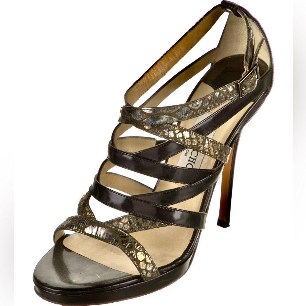 Jimmy Choo leather patent animal print strappy heels 37